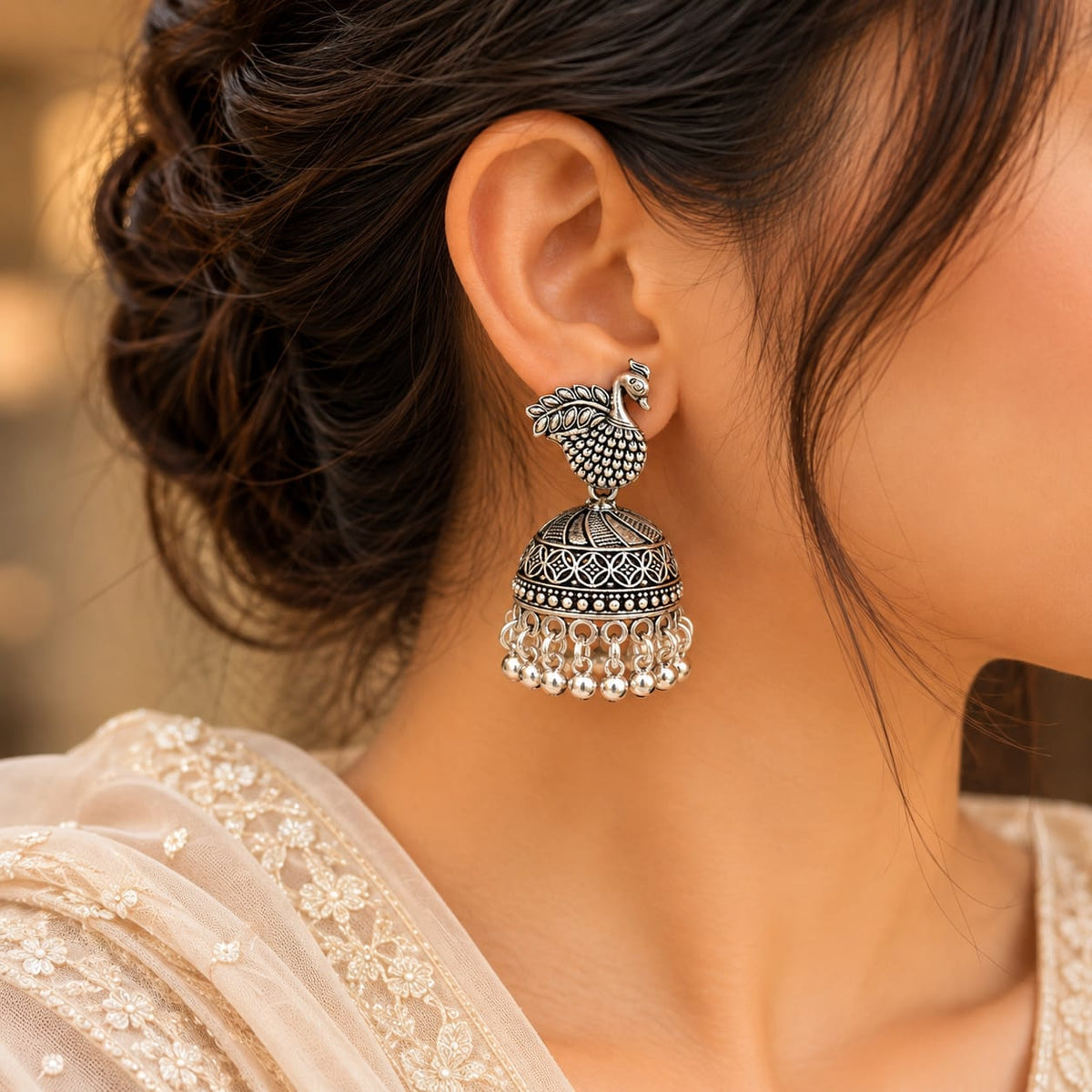 traditional oxidised silver peacock jhumka earring