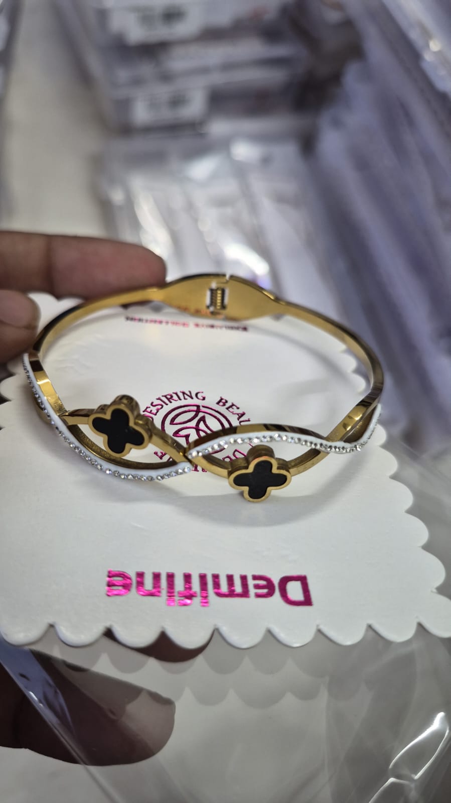 Gold Plated black Clover kada with anti tarnished