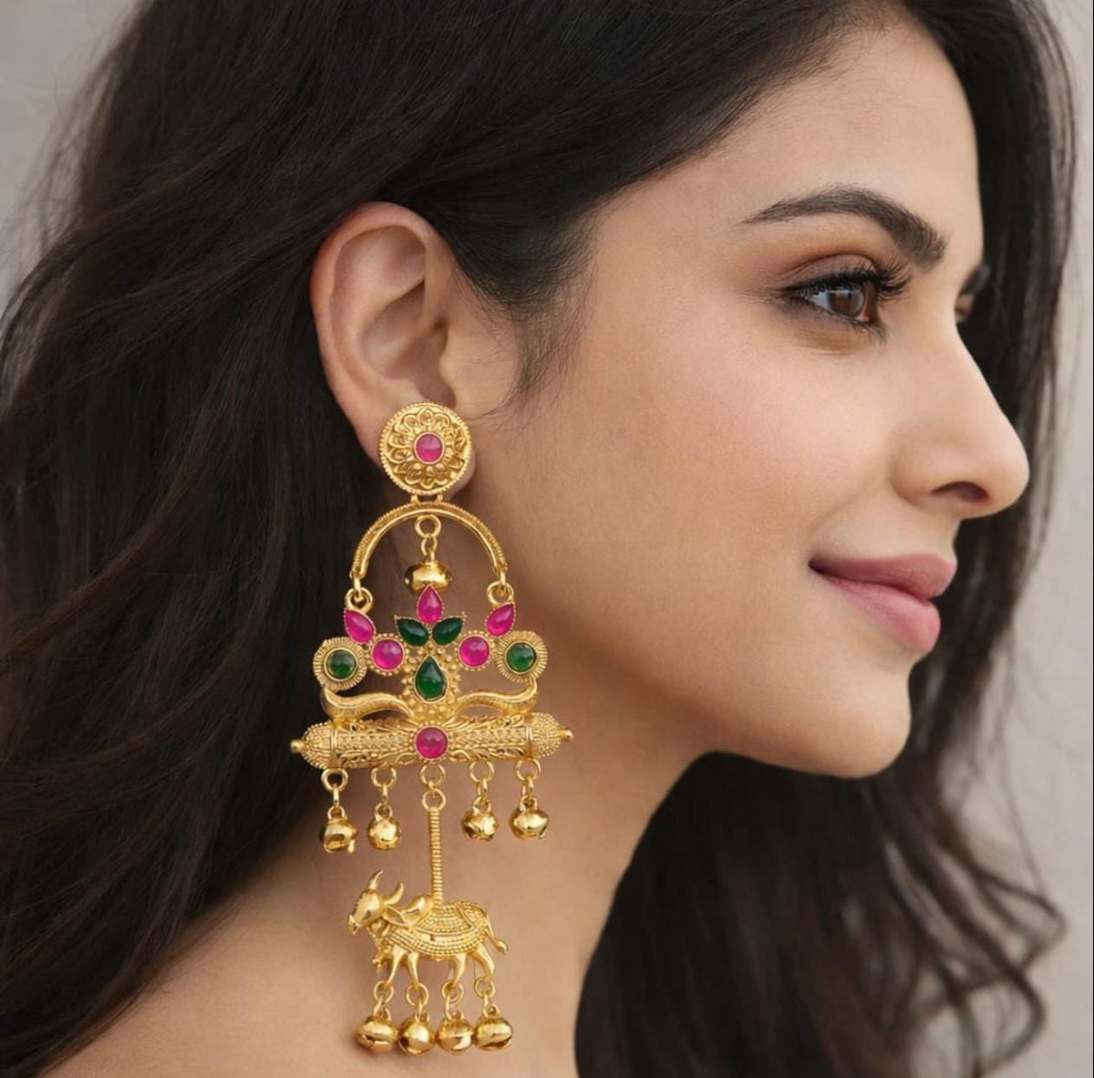 Kashmiri earring featuring vibrant pink and green stone