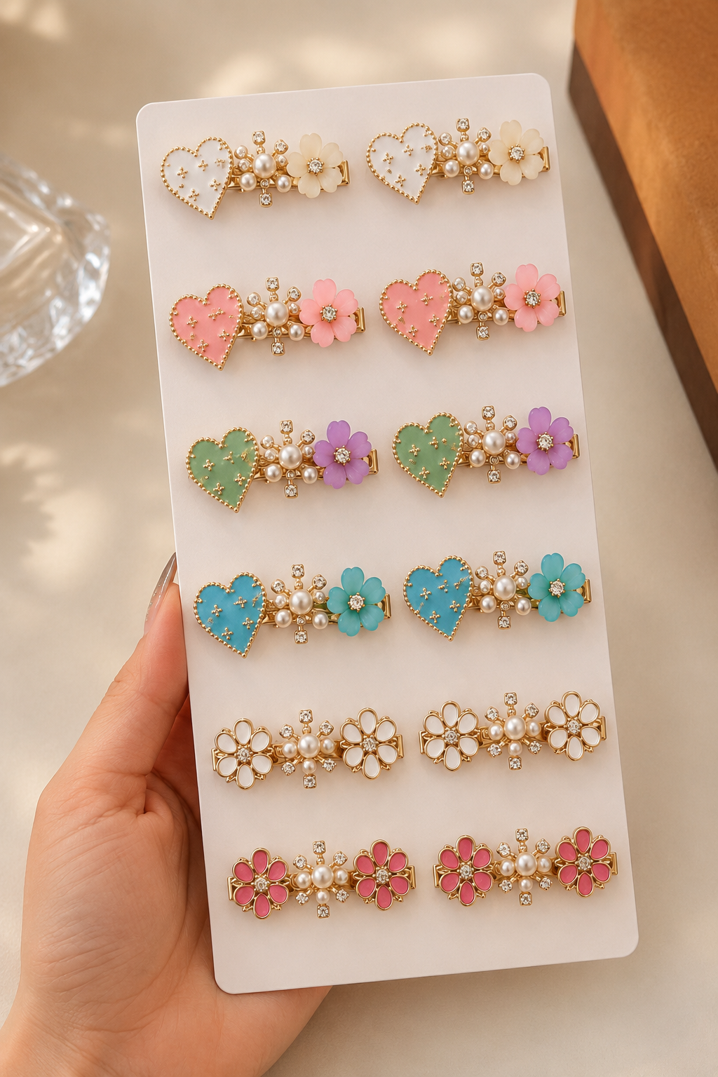 Set of 12 pcs Multicolored enamel hearts hair pin and clip