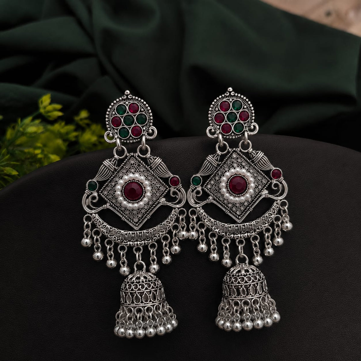 Traditional silver-oxidized teardrop jhumka earring