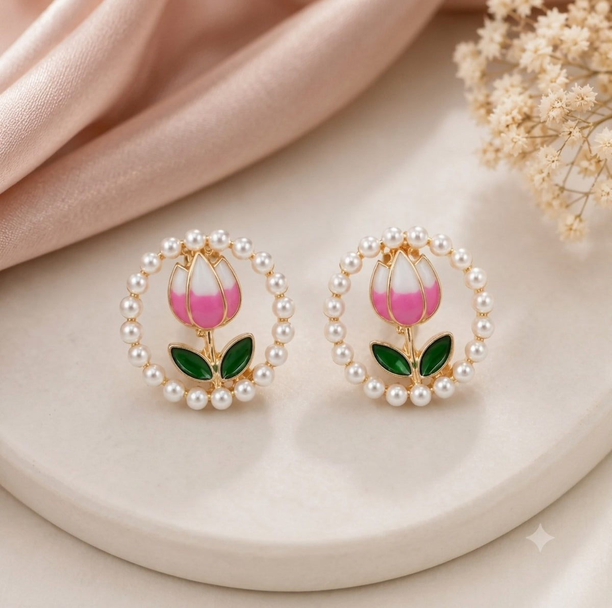 Pink Tulip Pearl Stud Earrings for Women