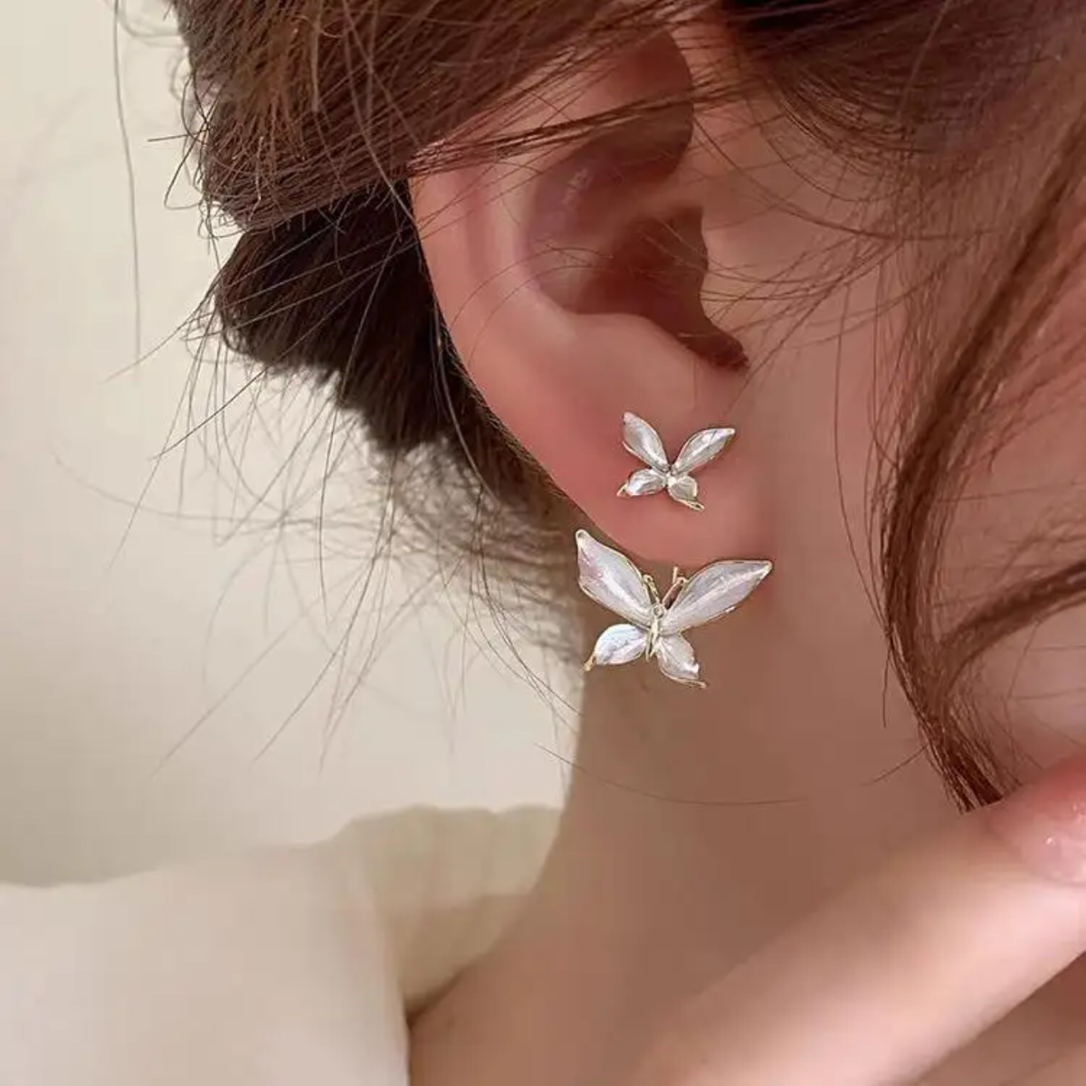 white double-butterfly drop and stud alloy earring