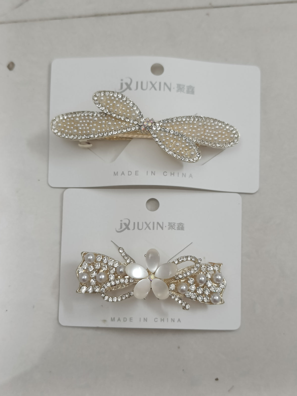 Pearl & Crystal Bow Metal Hair Clips – Set of 2