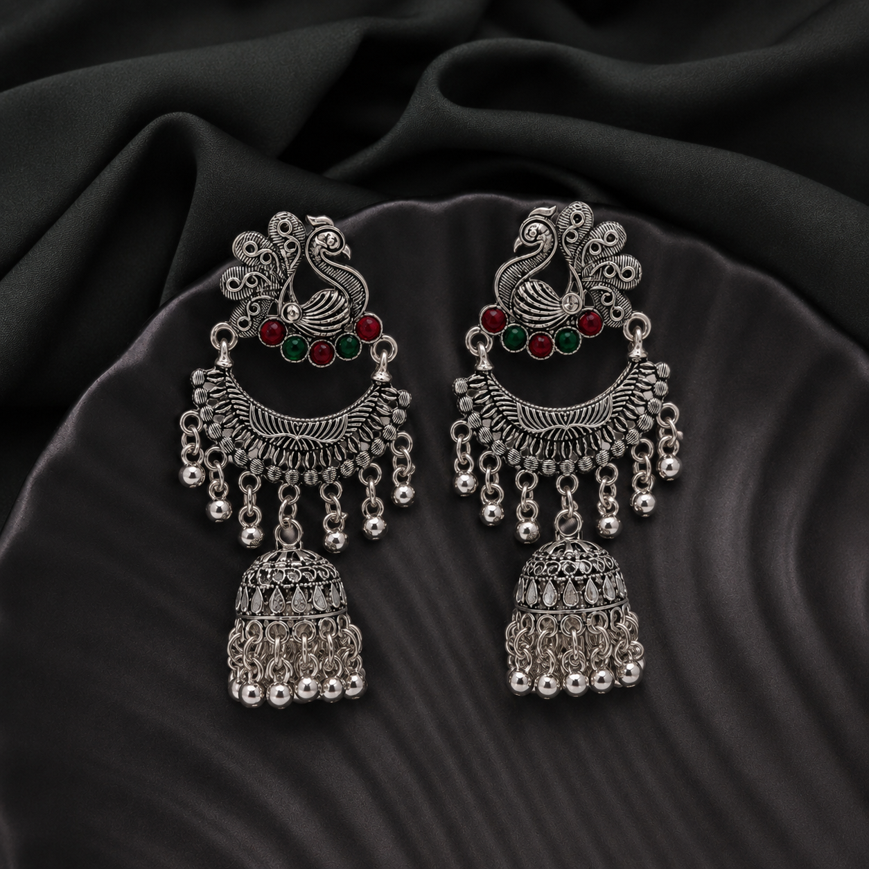 Traditional silver-oxidized brass teardrop jhumka earring