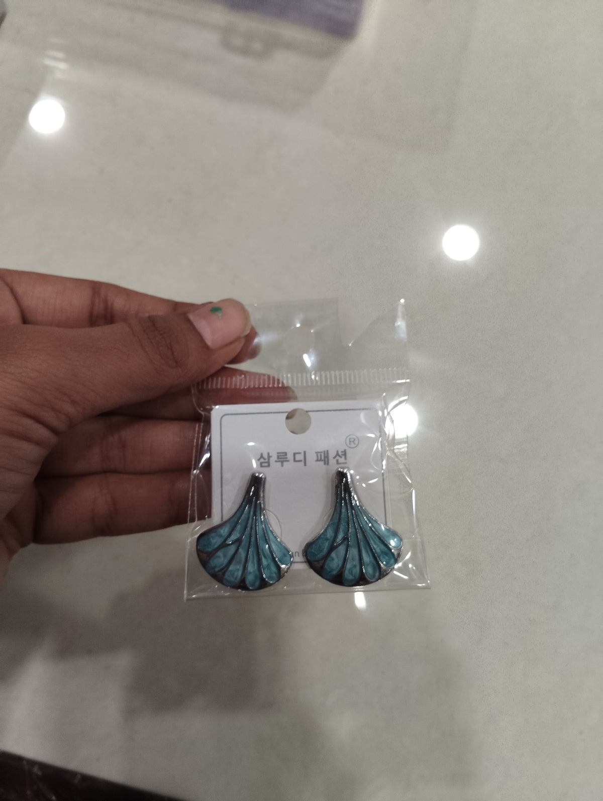 Turquoise Blue Fan-Shaped Silver-Tone Statement Earrings