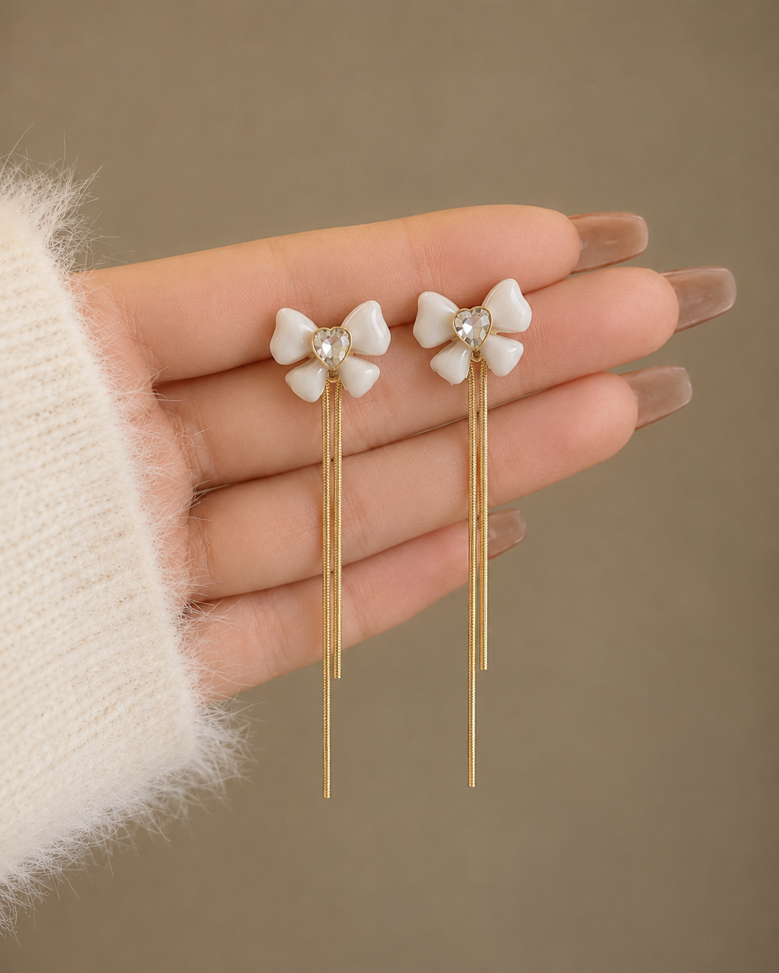 long chain drop white floral bow stud earring