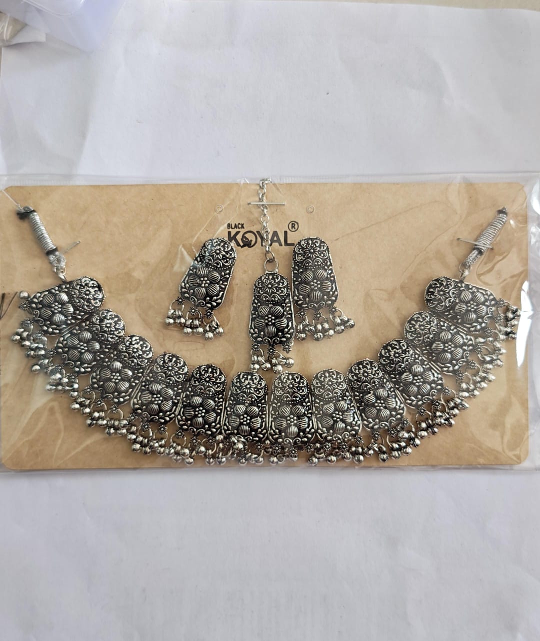 oxidised choker necklace and earring & mangtika set with hanging ghungroo beads.