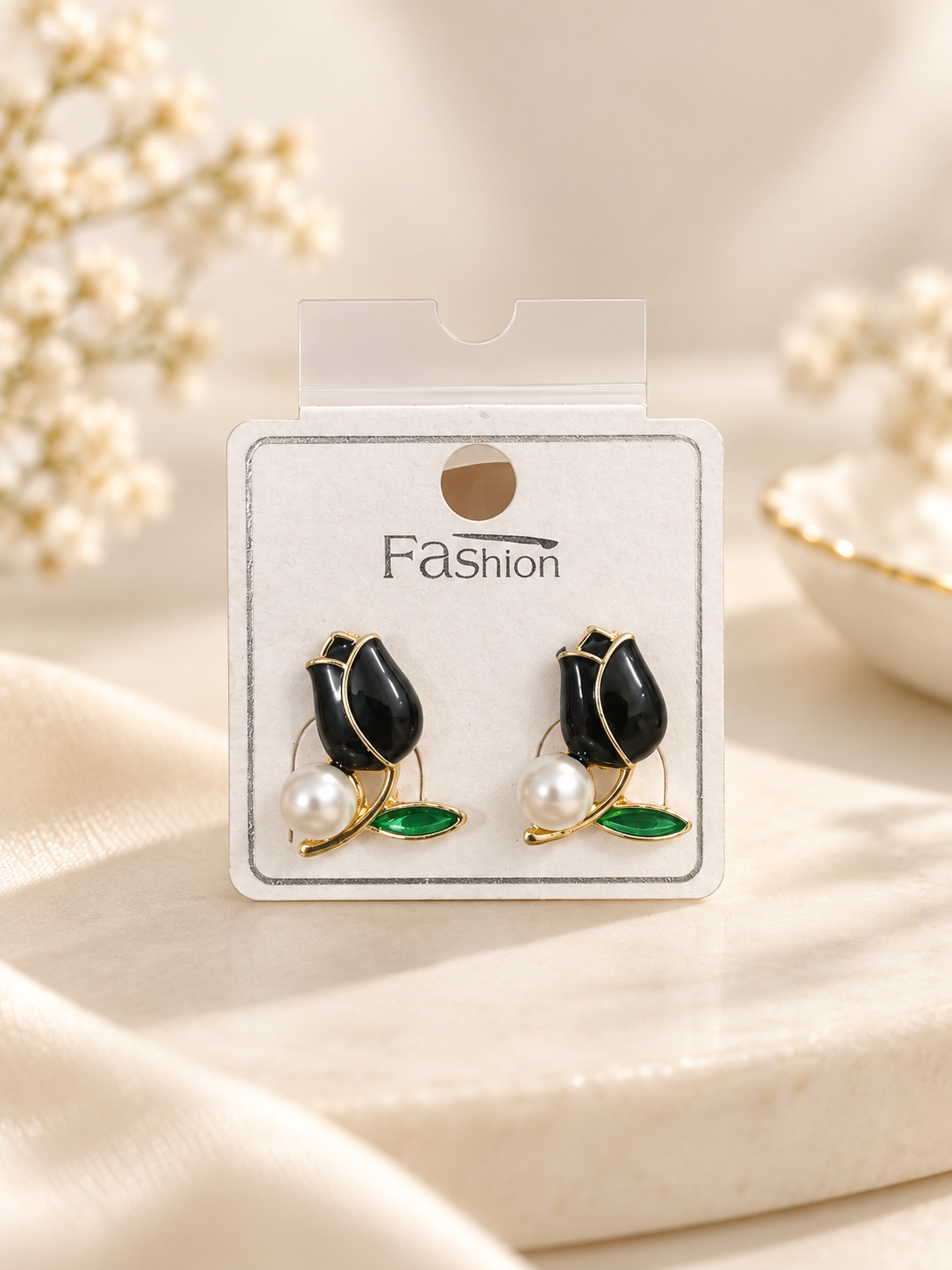 Black Teardrop, Green Stone & Pearl Gold-Tone Earrings