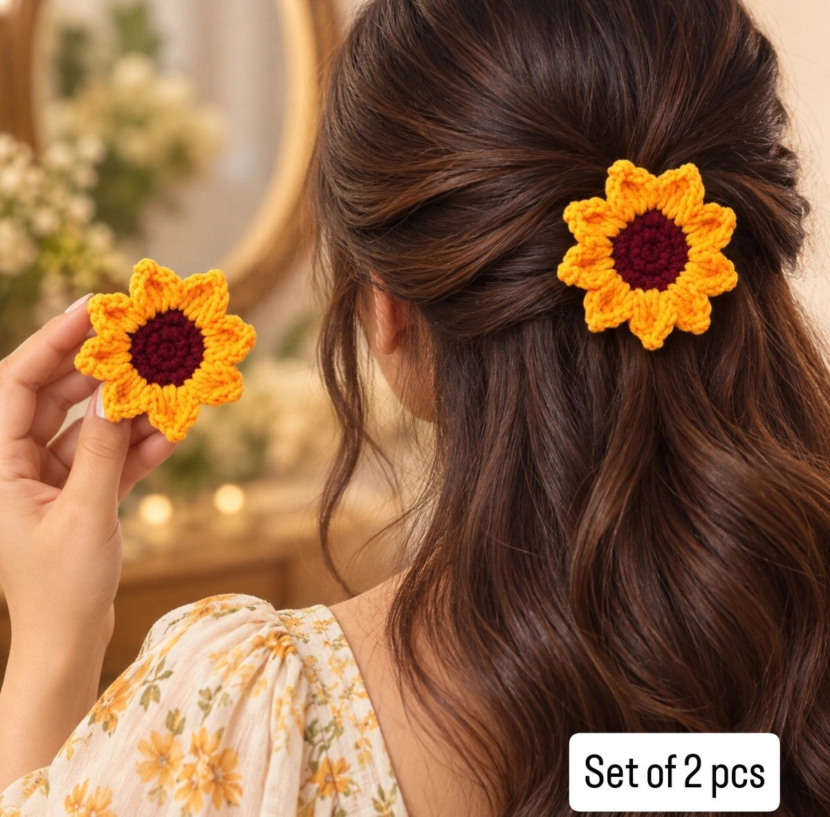 Handmade Crochet Set of 2-
Suryamukhi flower Hair Rubber Bands