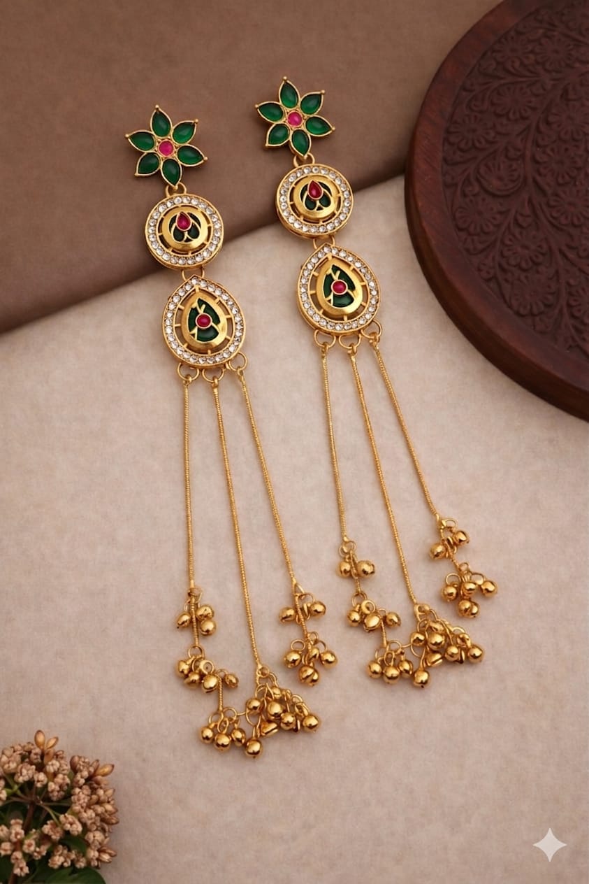 Kashmiri earring featuring a floral stud, green and ruby-toned accent
