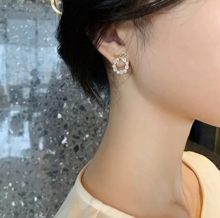 Elegant Gold Bow Pearl & Crystal Wreath Stud Earrings