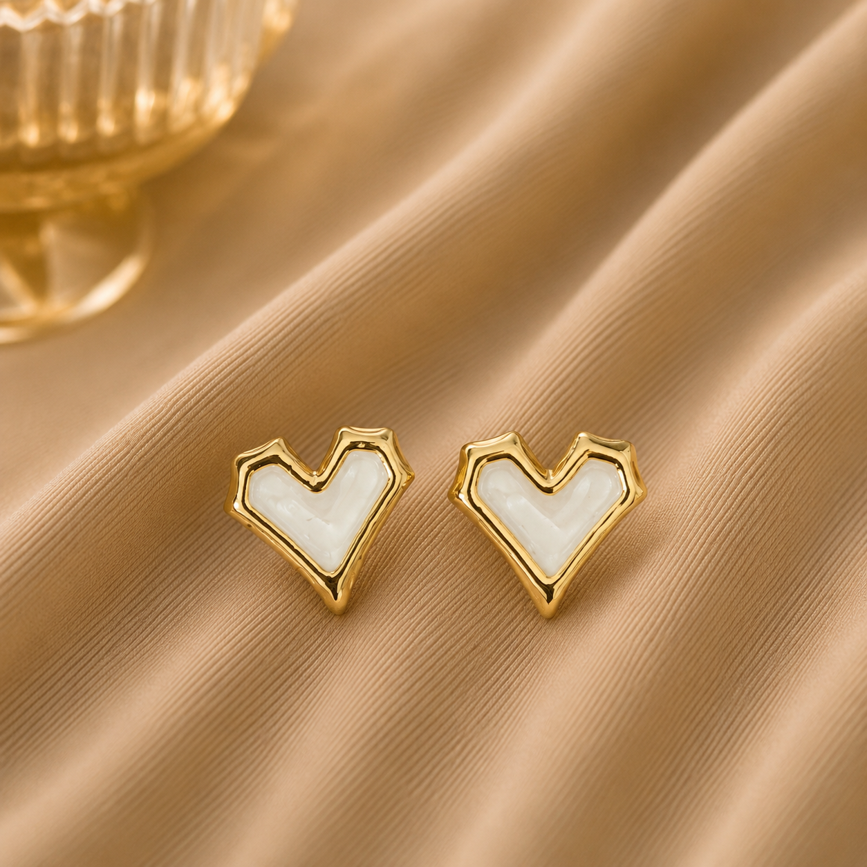 Korean Design Shape White Heart Golden Border Earring