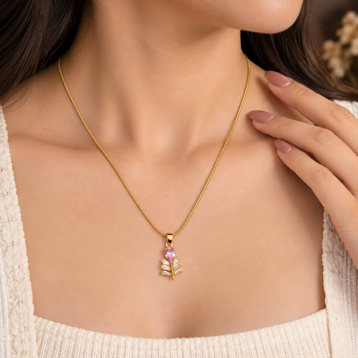 Pink Crystal Leaf Pendant Necklace – Gold Finish