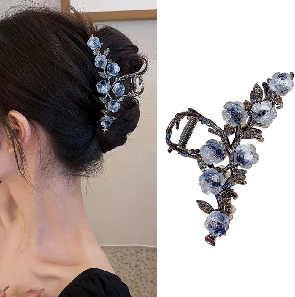 Vintage Blue Rose Metal Hair Clutcher