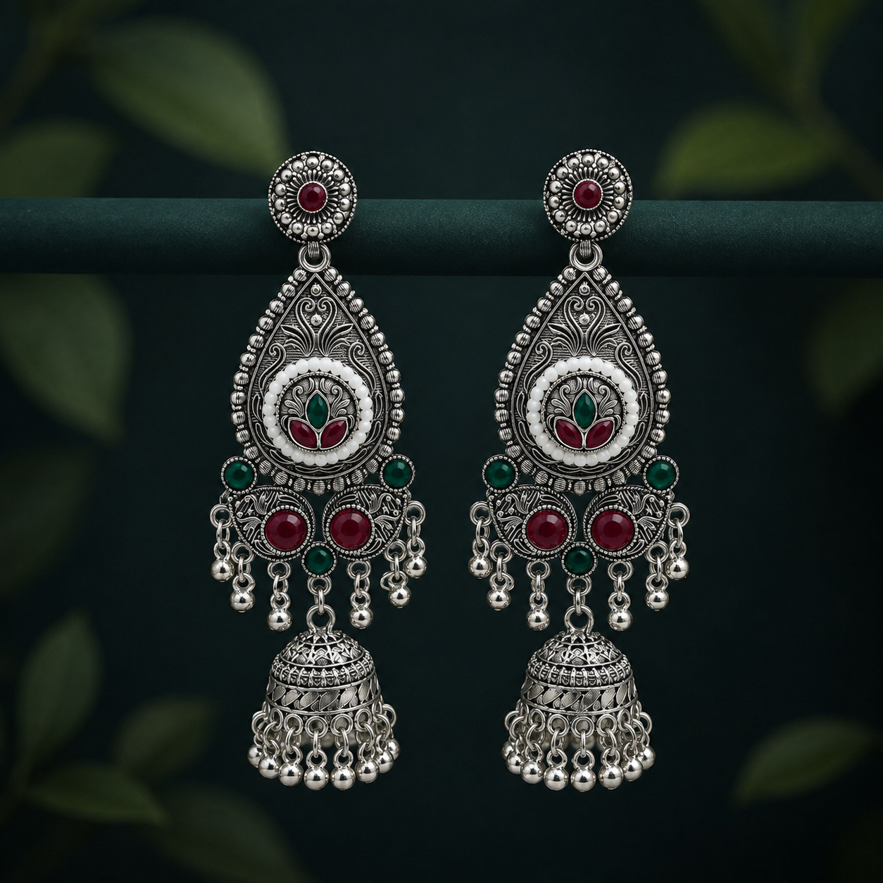Traditional silver-oxidized brass teardrop jhumka earring