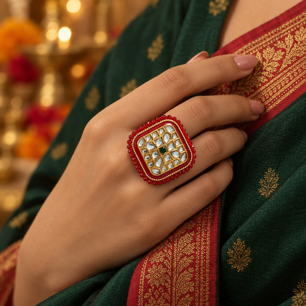 Traditional Red Kundan Cocktail Ring
