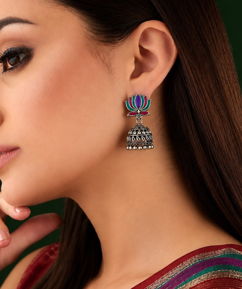 oxidized silver Meenakari lotus jhumka earring