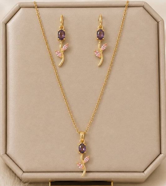 Kiyu Ziyu Anti Tarnish Tulip Pendant Chain with Earrings Set