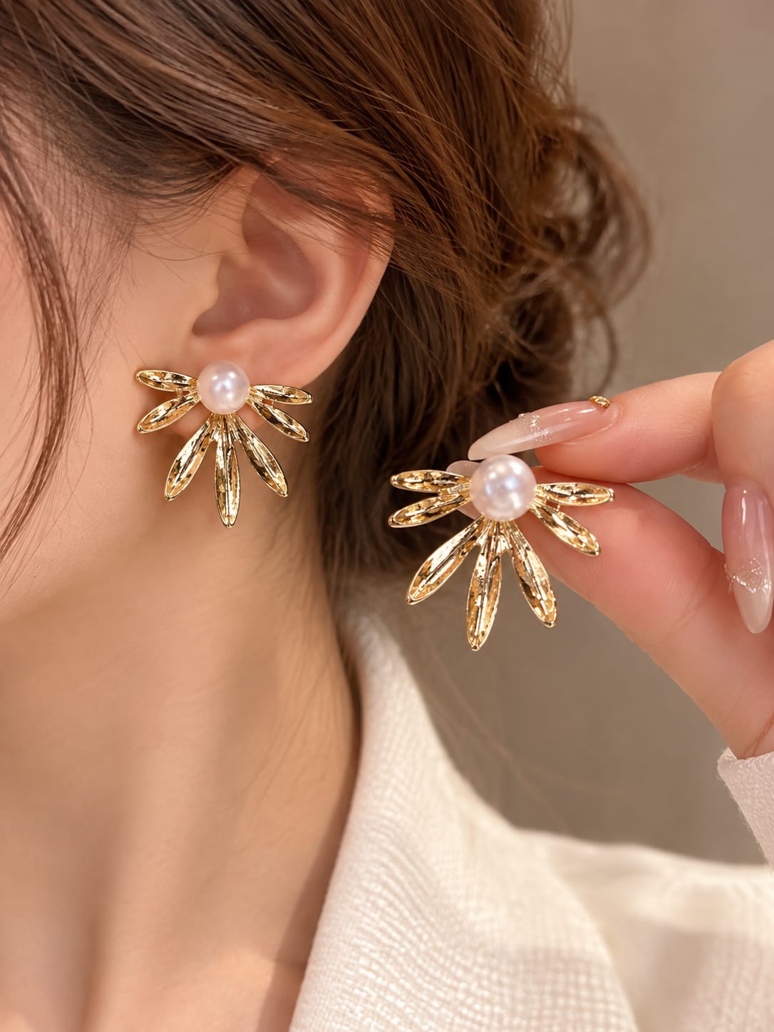 Gold-Tone Pearl Sunburst Flower Stud Earrings