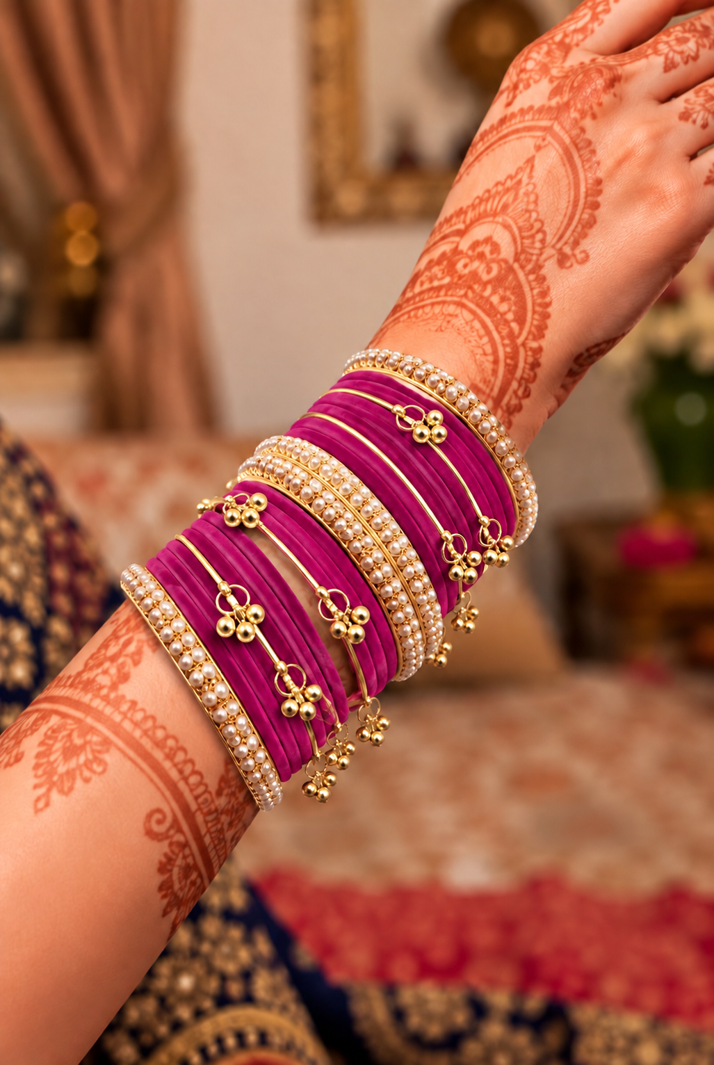 Pink Pearl Thread with Kashmiri Bangle Set
