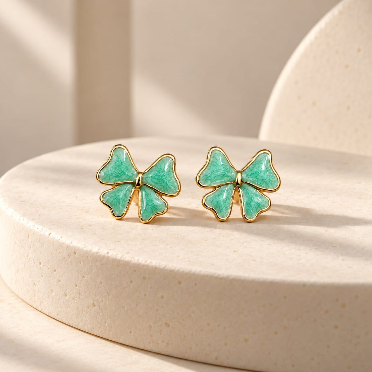 Green Bow Design Stud Earrings