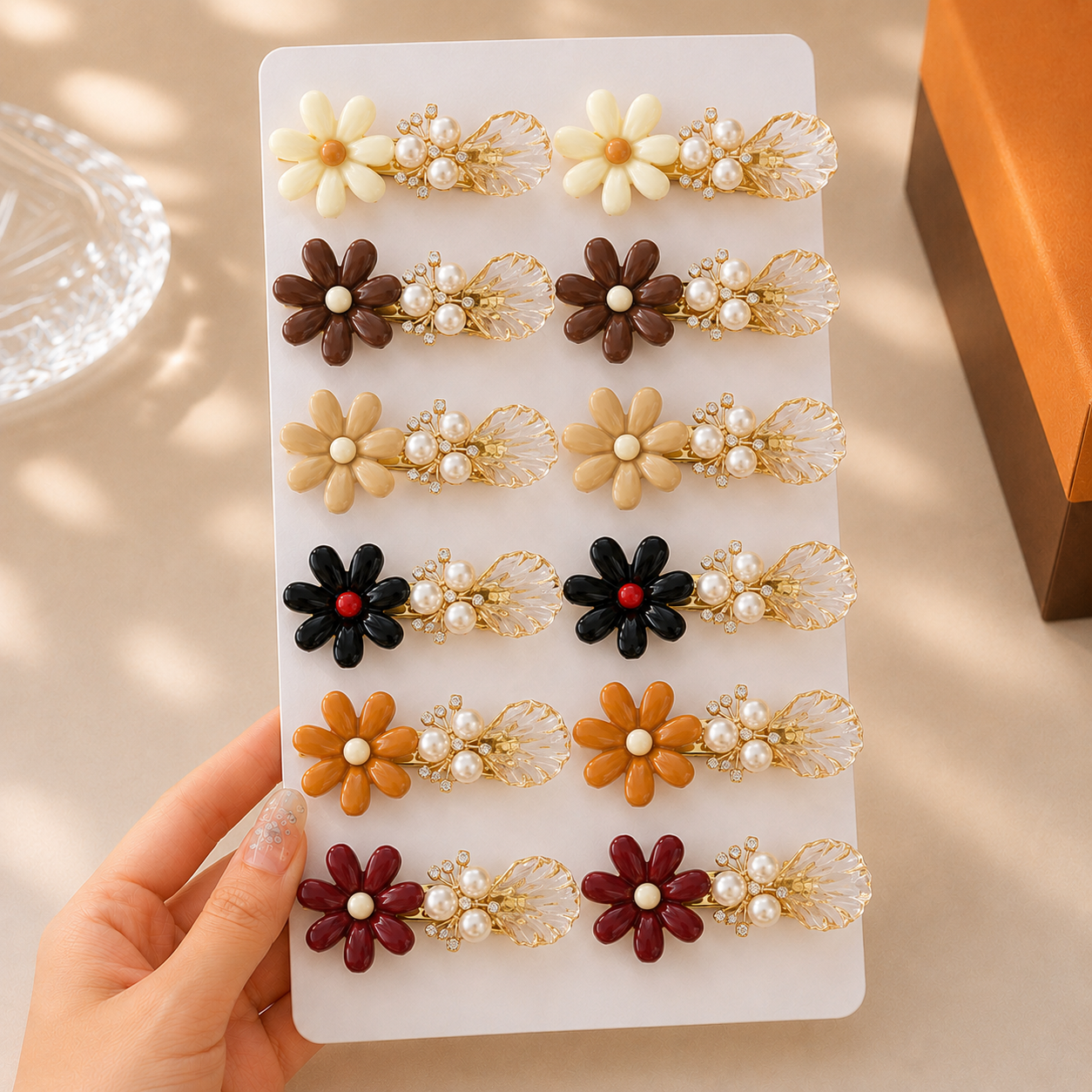 Set of 12 pcs floral pearl hair clips daisy-shaped