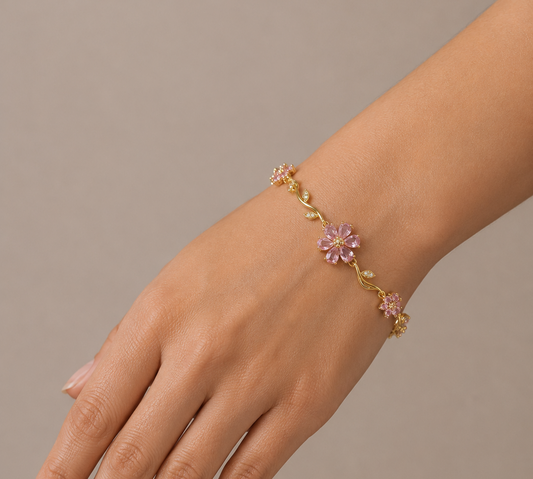 Anti Tarnish Gold Plated Floral Charm Bracelet