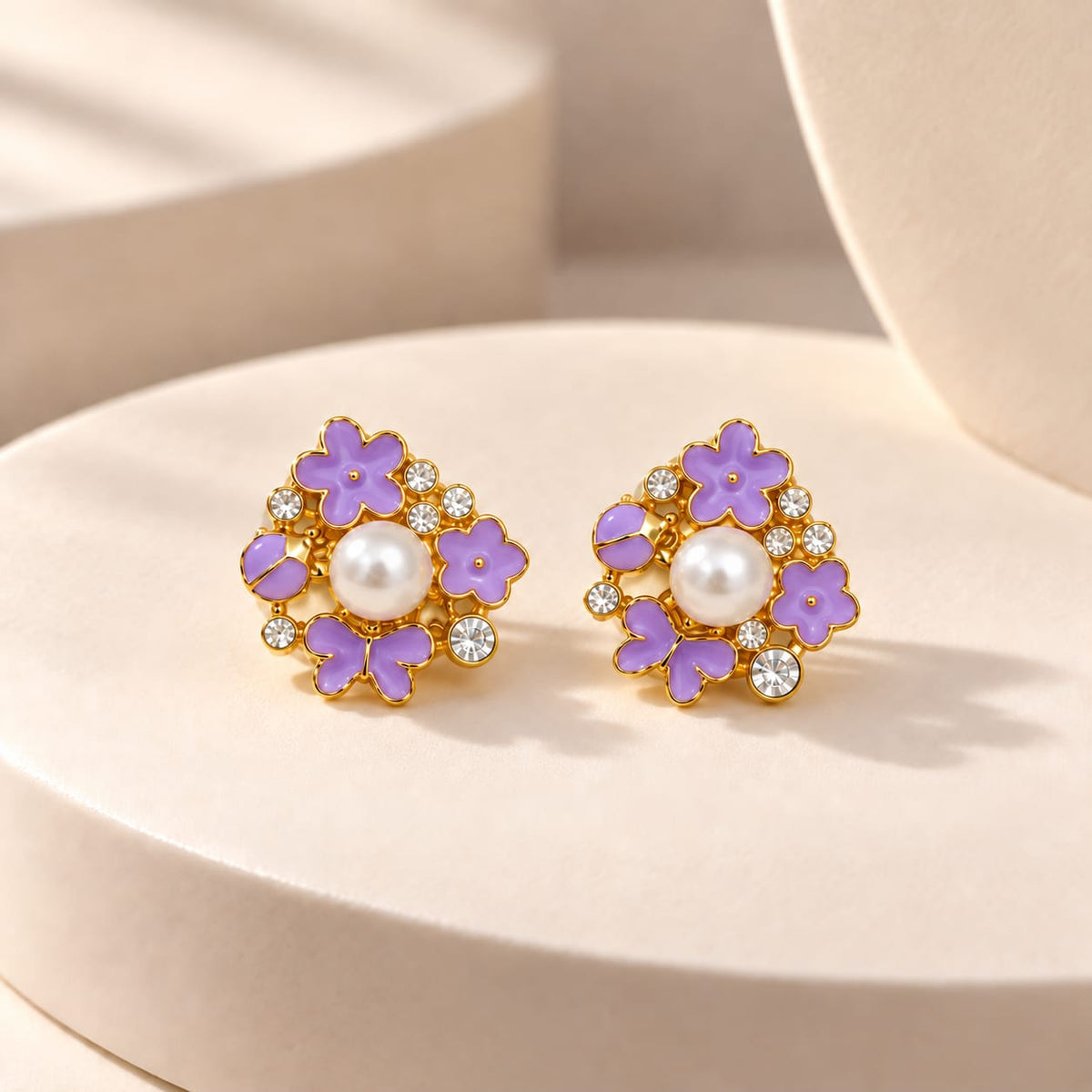 Purple Pearl Floral Crystal Stud Earrings