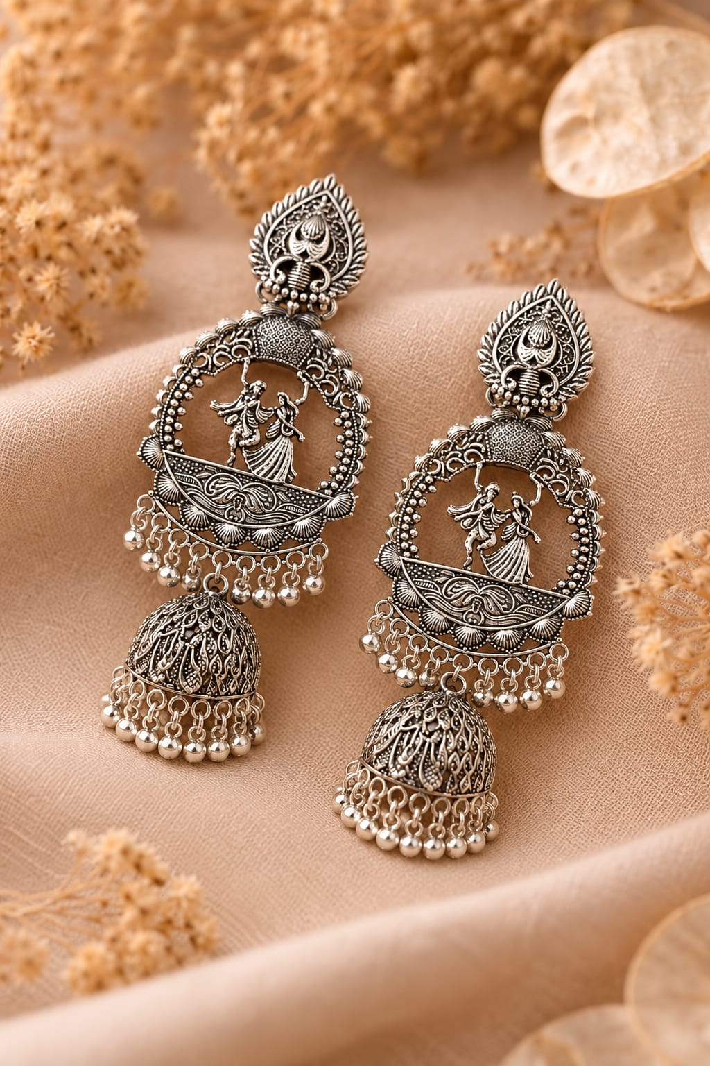 Oxidized Silver Radha Krishna Jhumka Earring