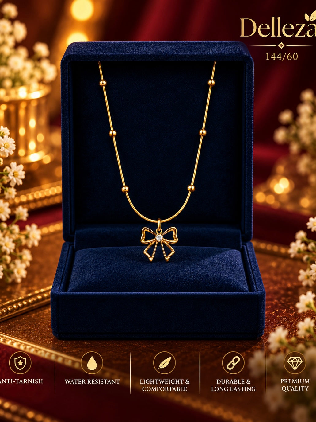 Anti tarnished beaded chain necklace with bow-shaped charm