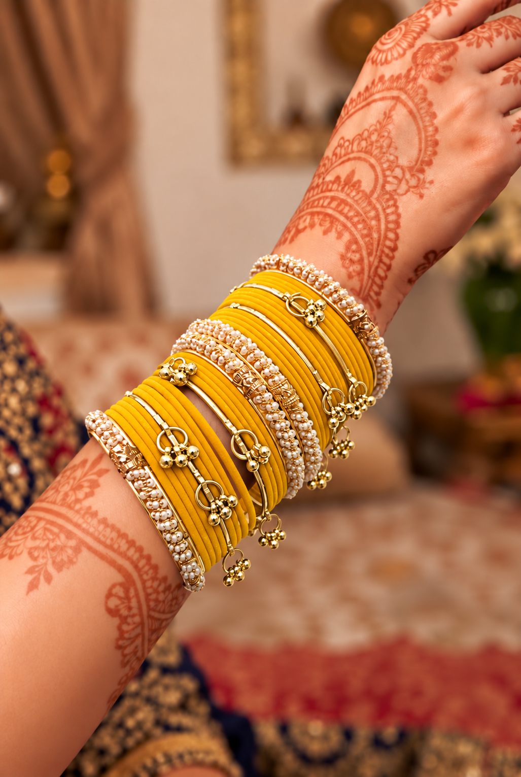 Kashmiri Mustard Yellow Pearl Bangle Set