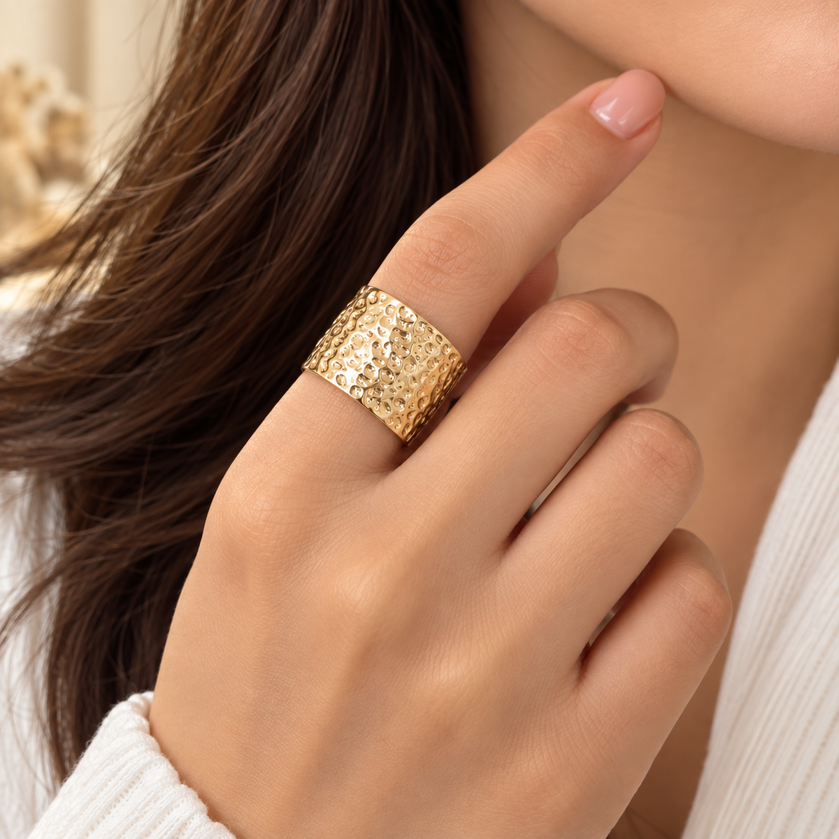 Hammered Texture Wide Band Golden Ring