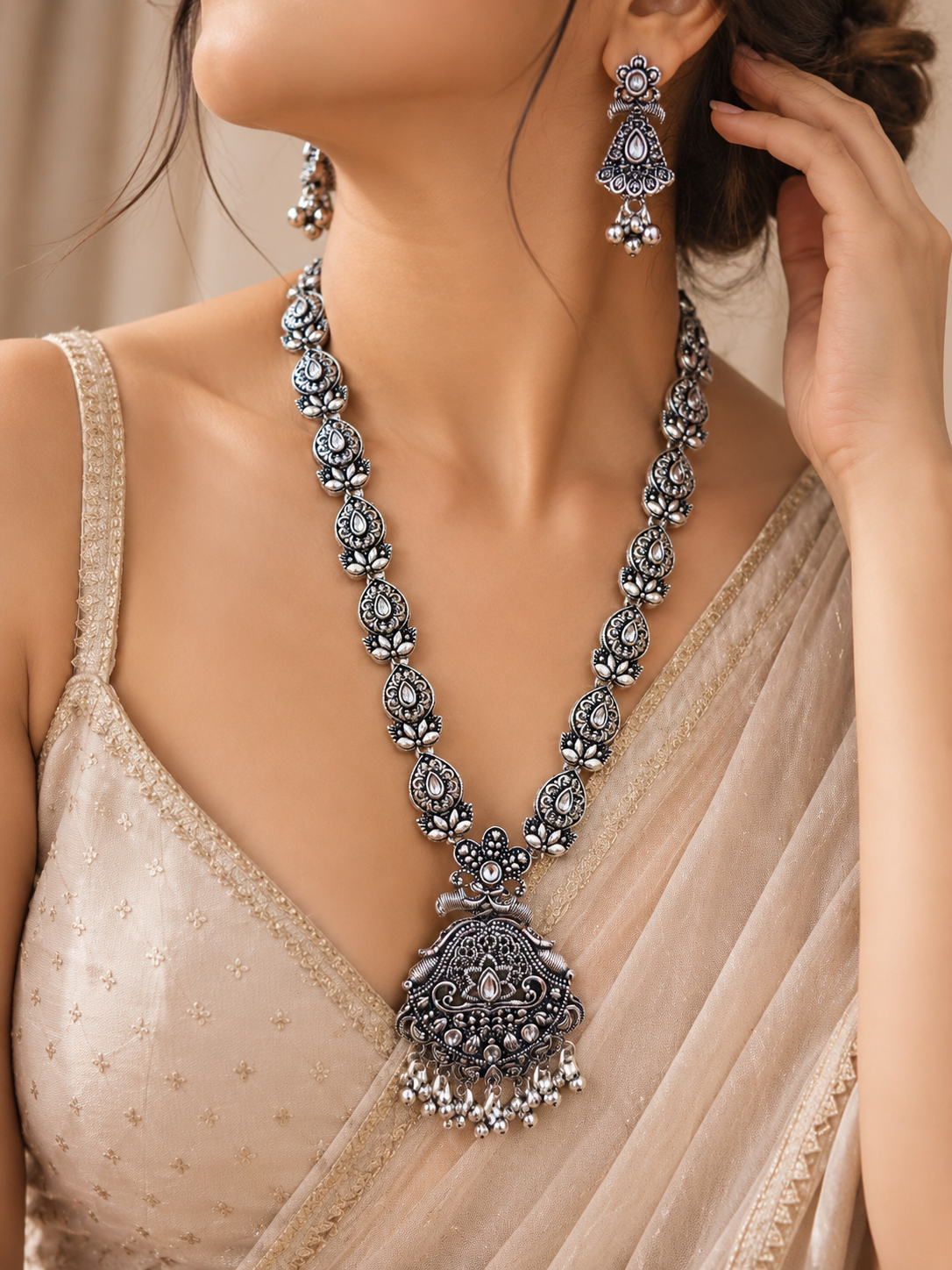 oxidized silver-plated long necklace and matching earring set