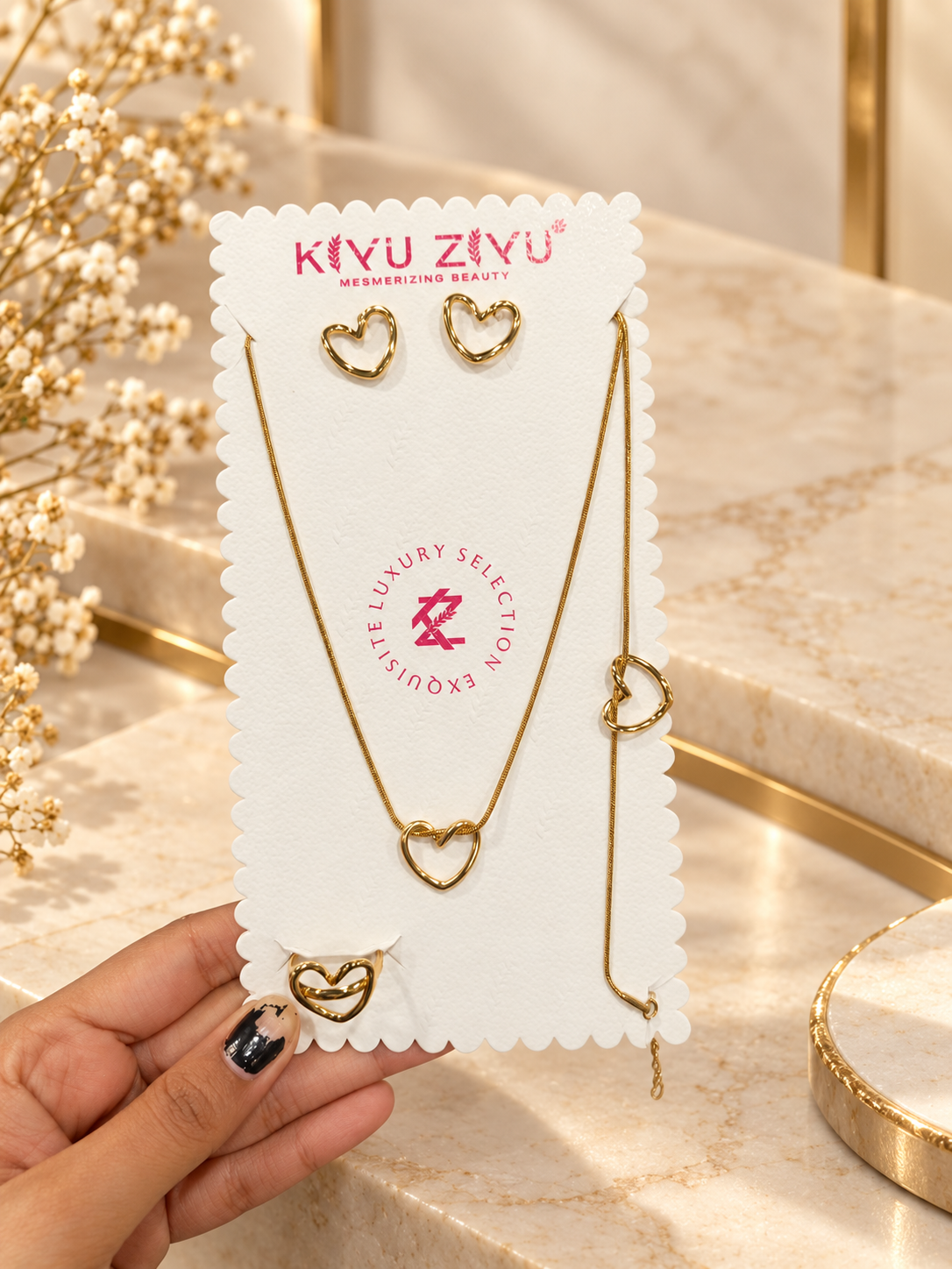 Anti tarnish Open heart earrings, ring , Necklace, bracelet combo set