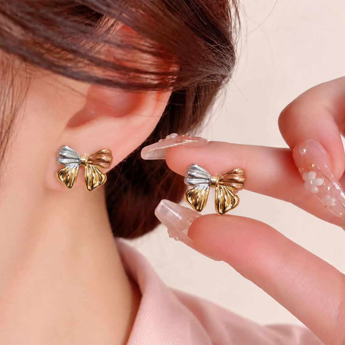 Tri-Tone Bow Stud Earrings – Gold, Silver & Rose Gold Finish