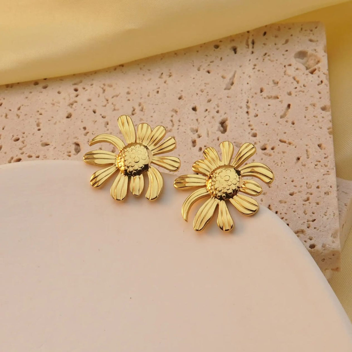 Golden Daisy Bloom Textured Flower Stud Earrings