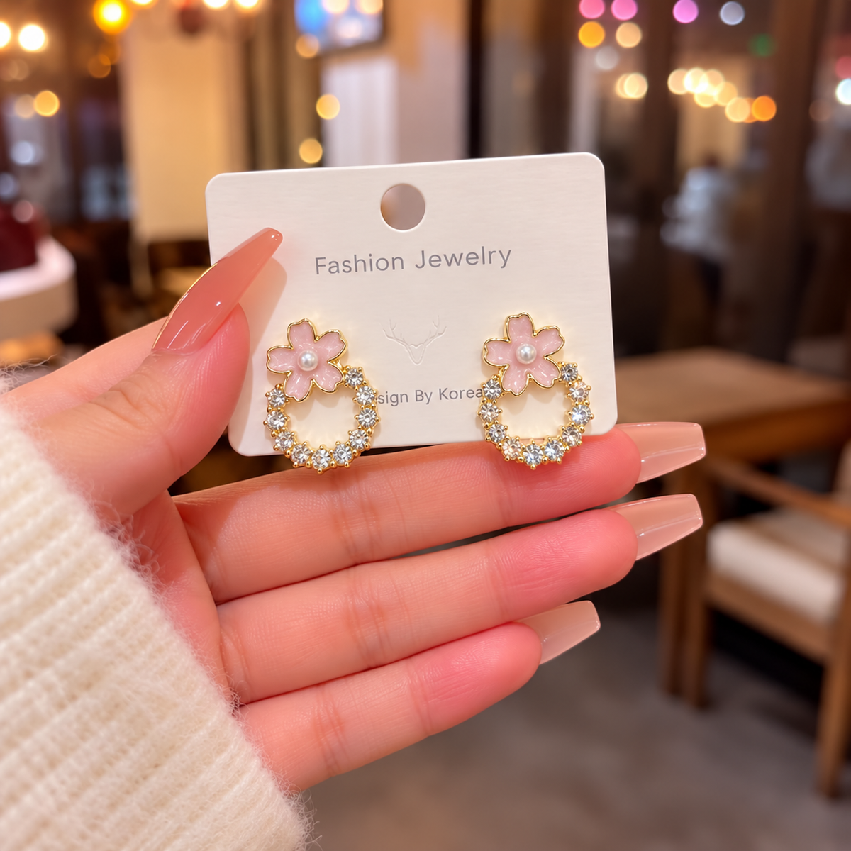 Pink Floral Pearl-Center Crystal Hoop Drop Earrings