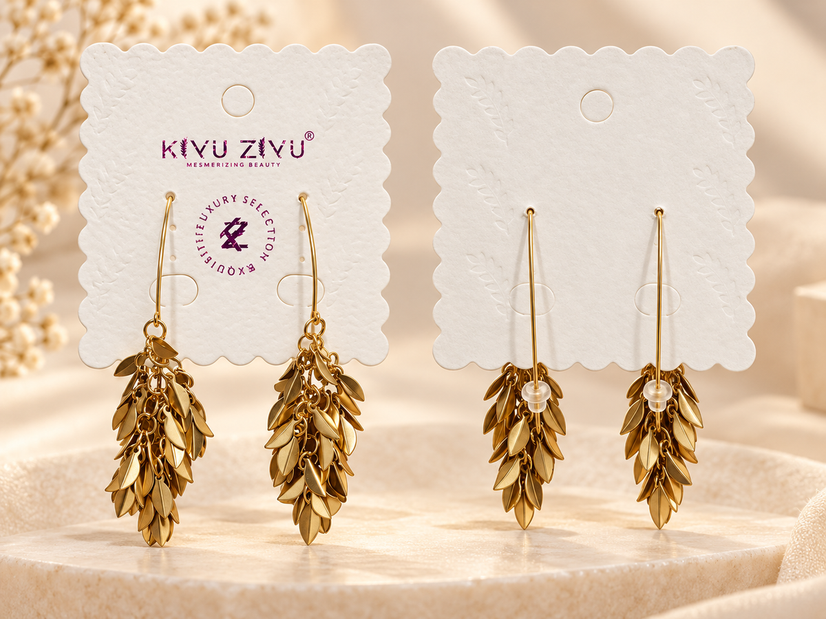 Golden Leaf Cluster Threader Drop Earrings