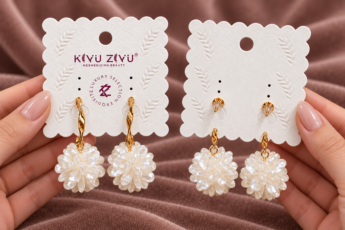 Ivory Petal Bloom Gold Drop Earrings