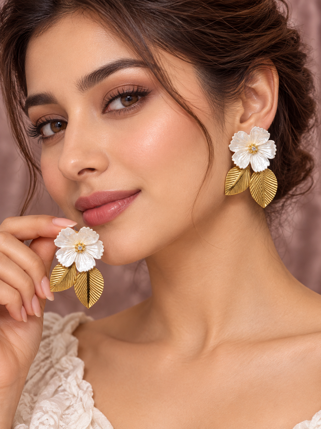 Ivory Bloom Floral Leaf Drop Earrings