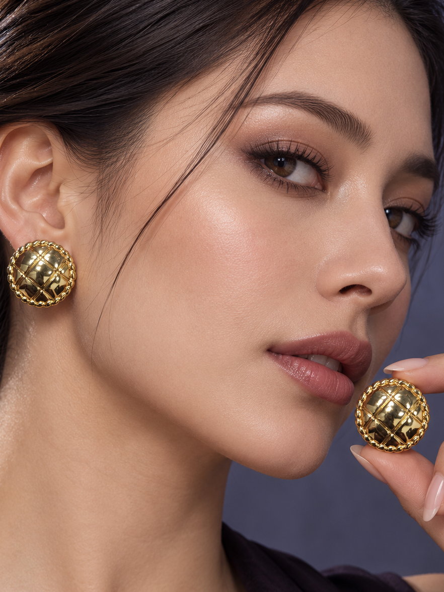 Gold-Tone Quilted Round Stud Earrings with Braided Edge