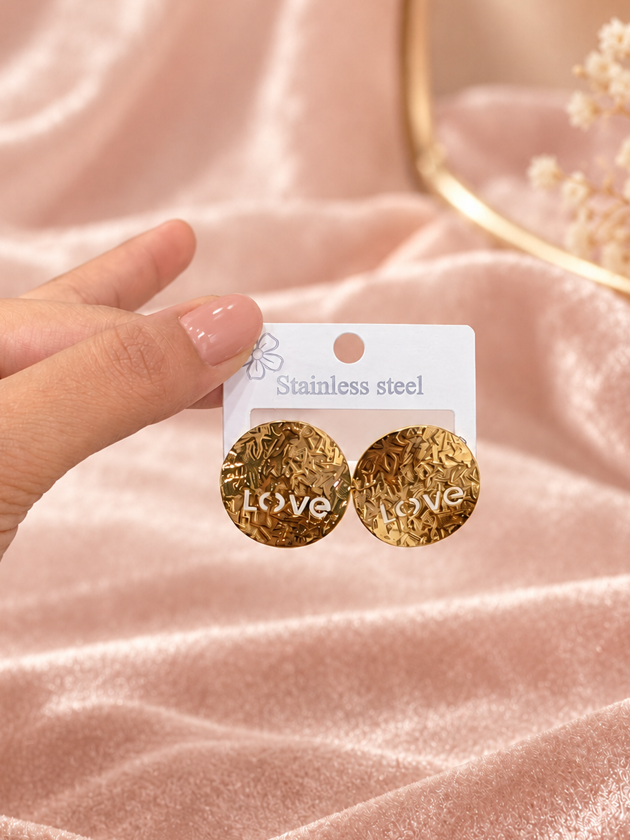 Gold Textured “Love” Stainless Steel Stud Earrings
