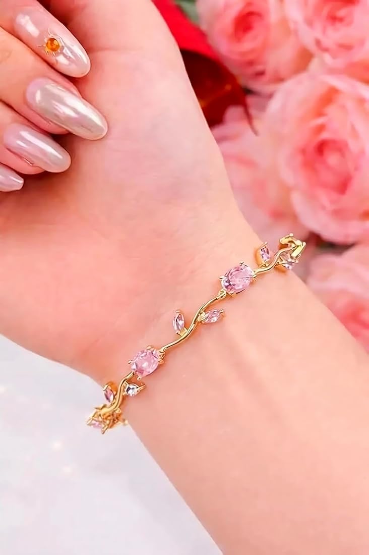 Gold Tulip Vine Bracelet with Pink Stone Accents