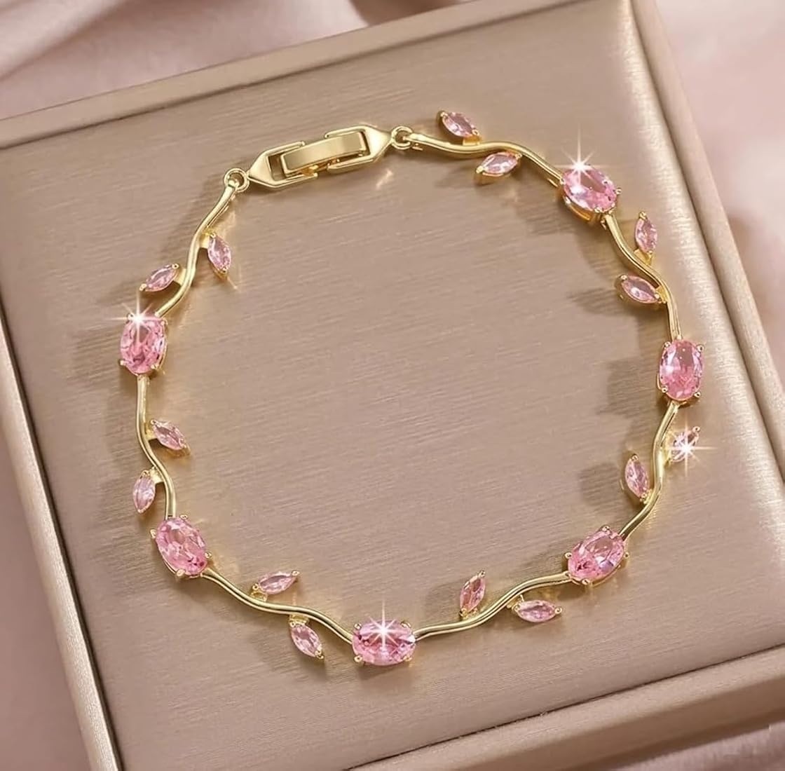 Gold Tulip Vine Bracelet with Pink Stone Accents