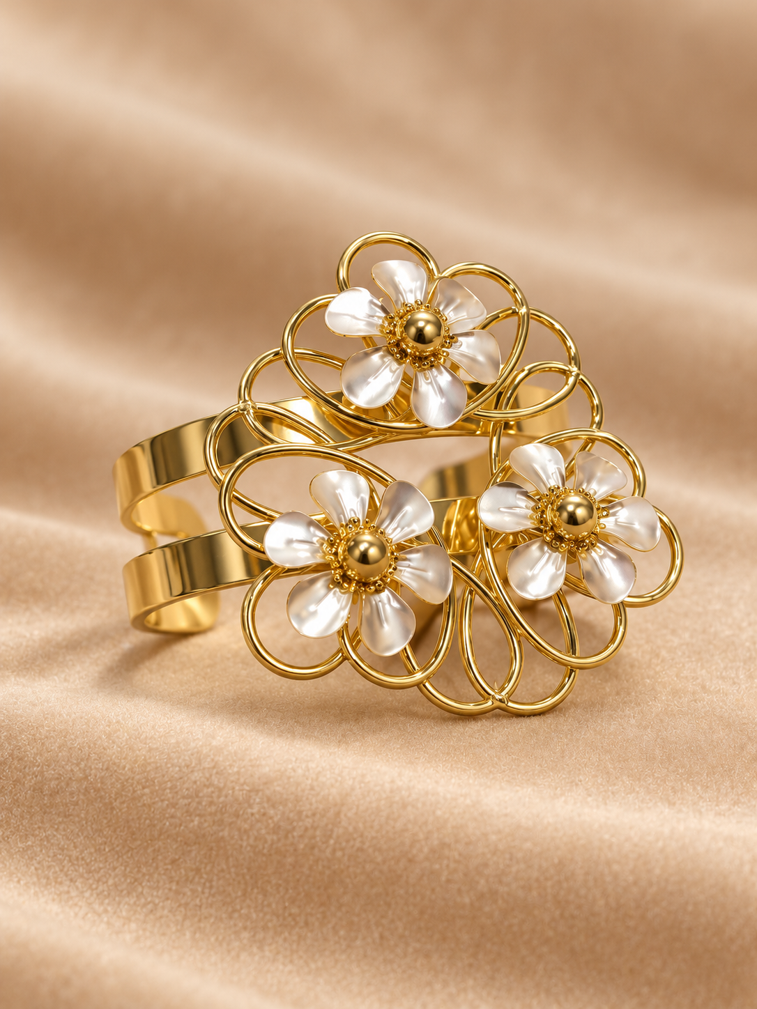 Golden Pearl Floral Cuff Bracelet – Three Flower Design