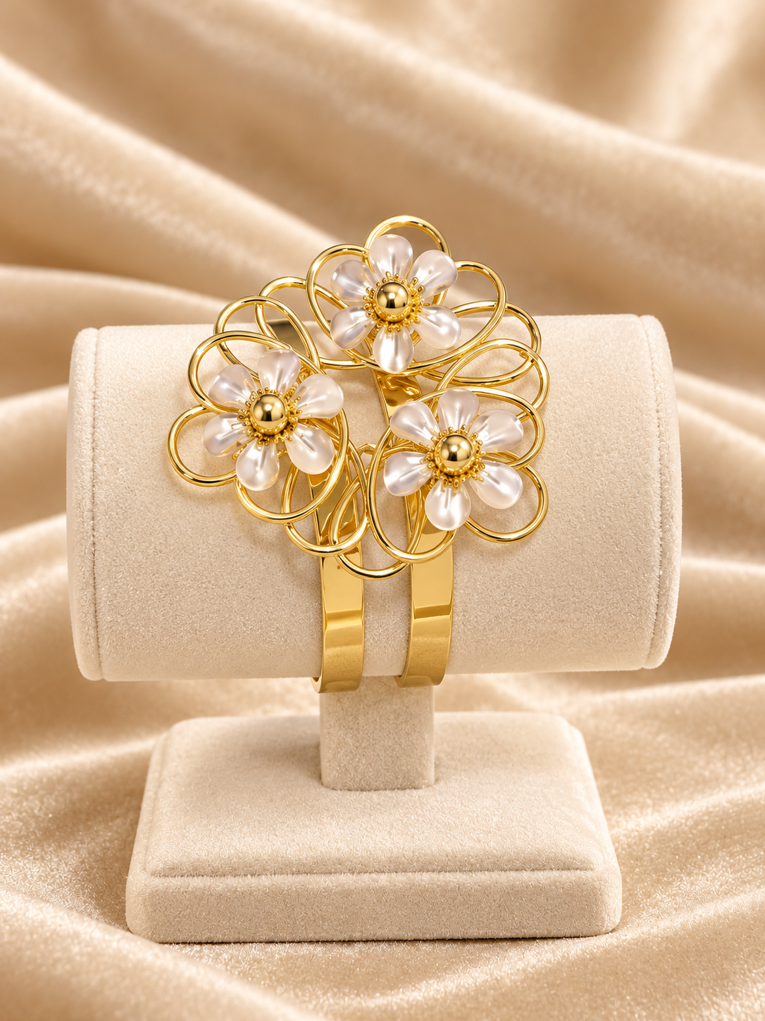 Golden Pearl Floral Cuff Bracelet – Three Flower Design