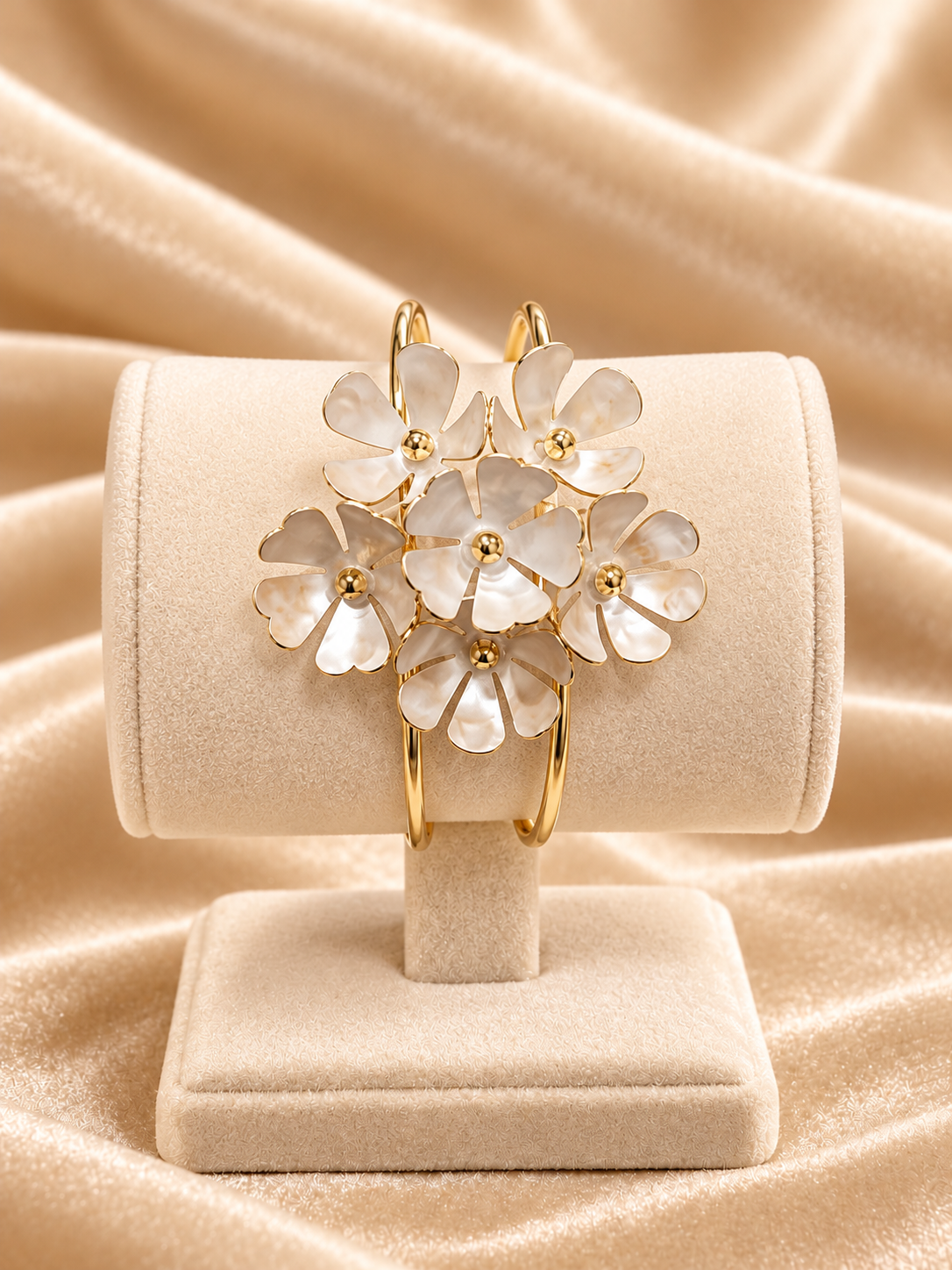 Six-Flower Mother-of-Pearl Gold Cuff Bracelet
