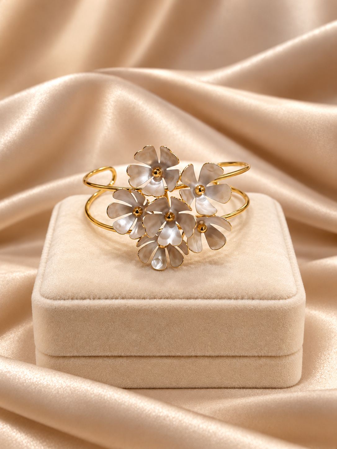 Six-Flower Mother-of-Pearl Gold Cuff Bracelet