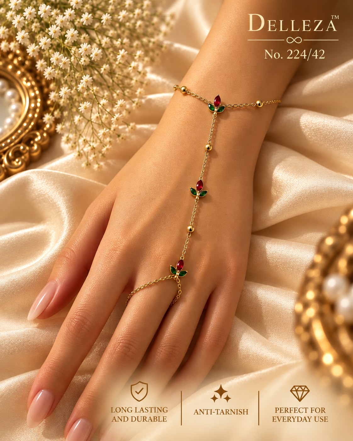 Anti-Tarnish Red & Green tulip Floral Hand Harness Bracelet with Ring